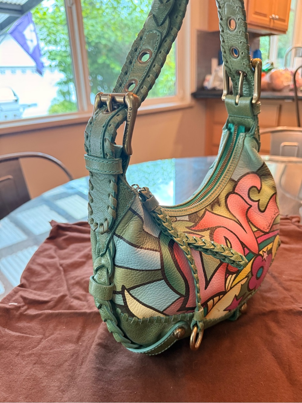 Isabella Fiore Green Leather Shoulder Bag with Pink & Teal 'LOVE' Graphic - Picture 5 of 6